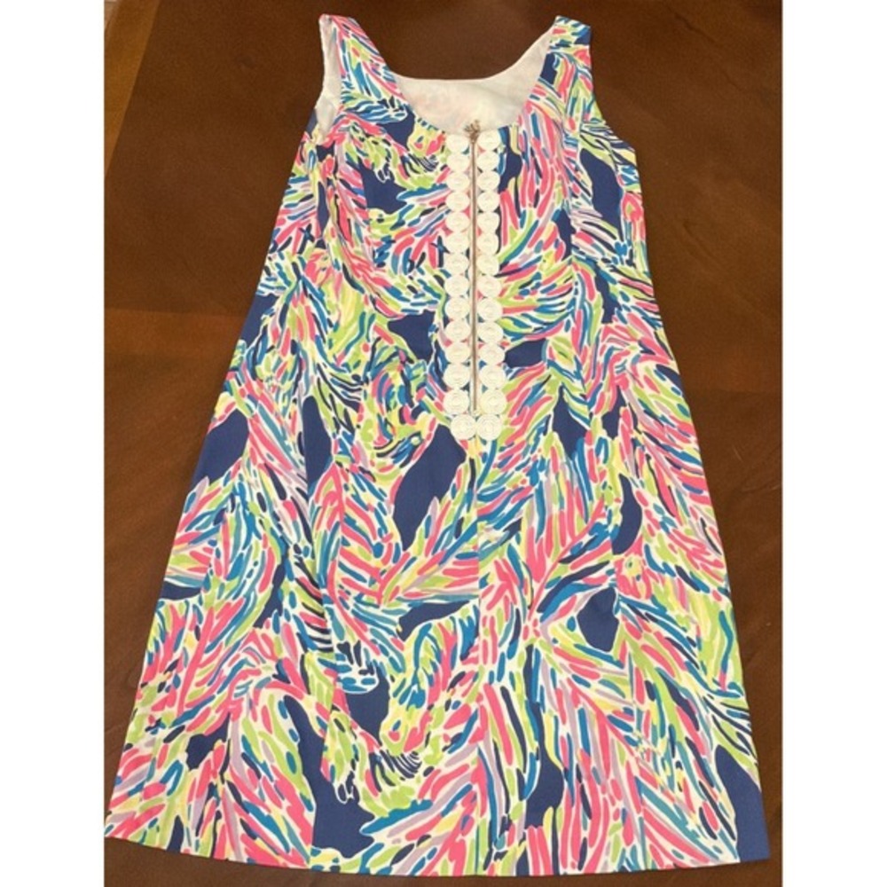 LILLY PULITZER Cathy Shift‎ Dress Sz 0 Indigo Palm Reader Lace Back Detail Women